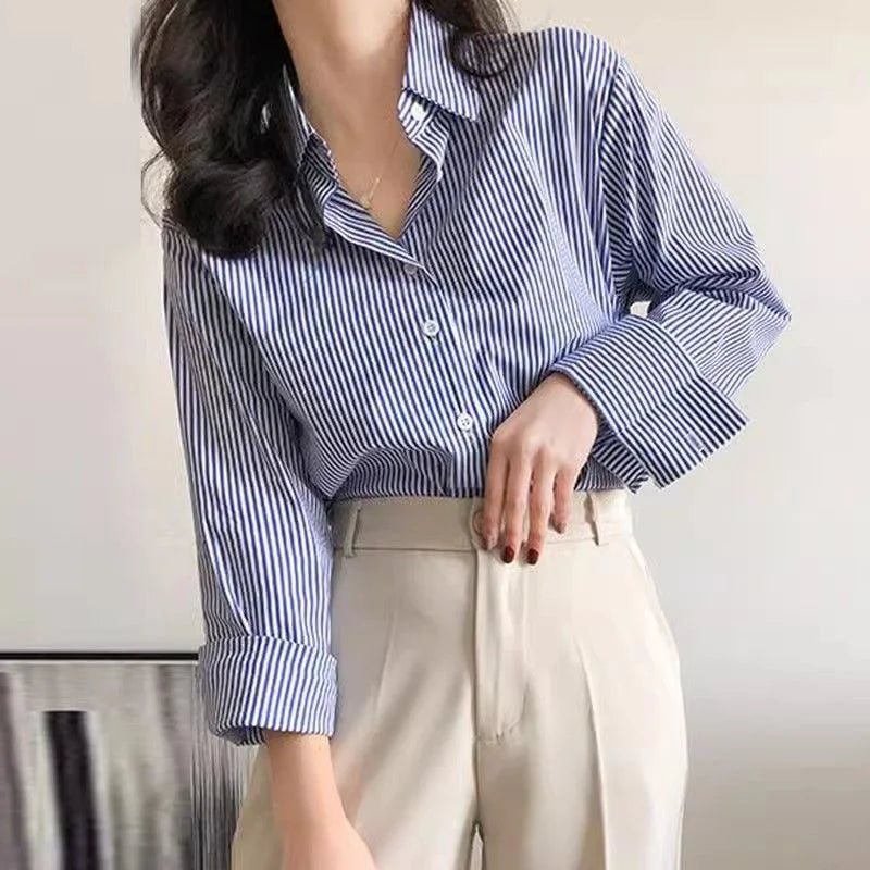 Striped Long Sleeve Blouse for Women | Button Down Design | Casual or Office Wear | Lightweight Fabric