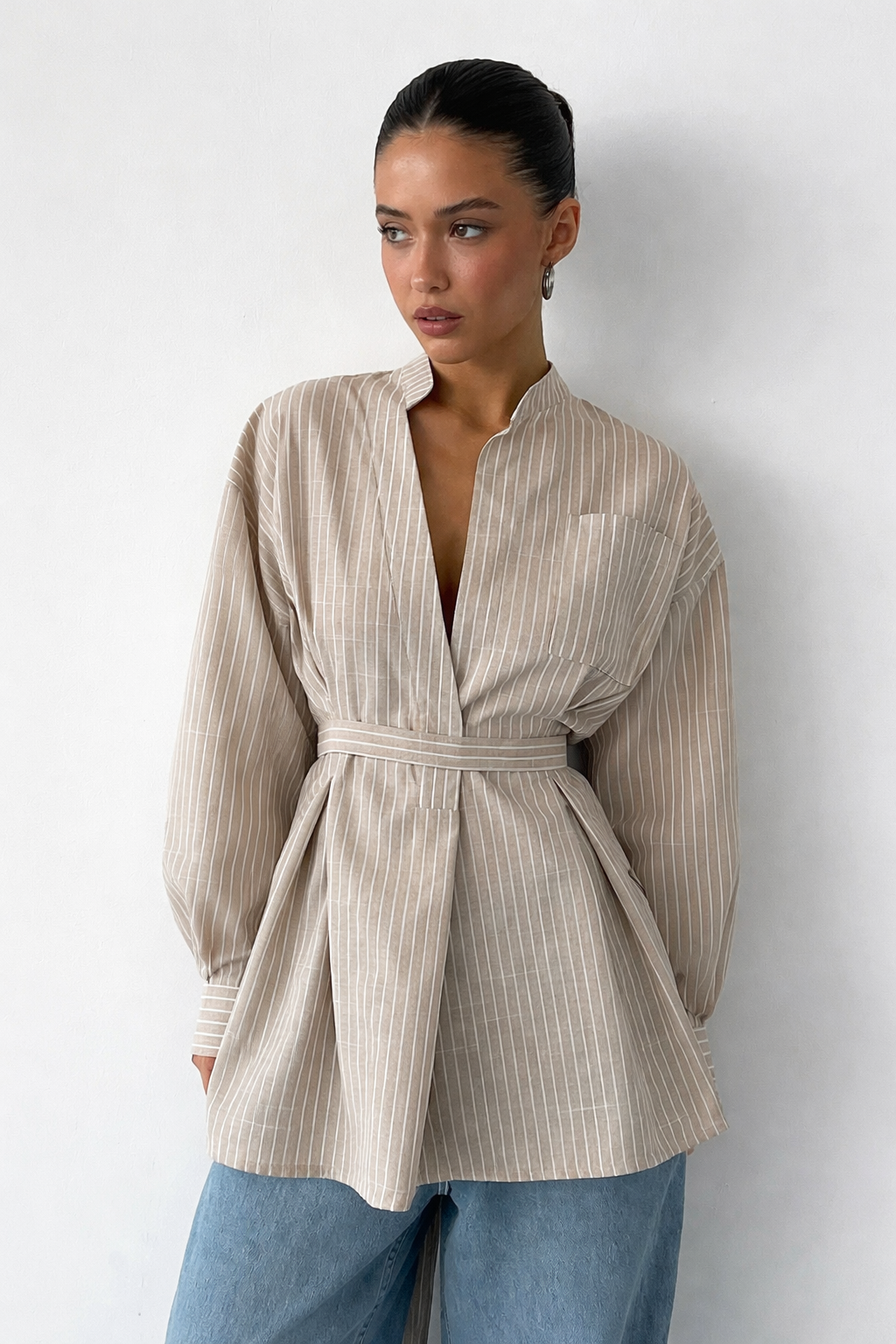 Striped Long Sleeve Shirt for Women with Stand Collar and Belted Design - Casual or Office Wear