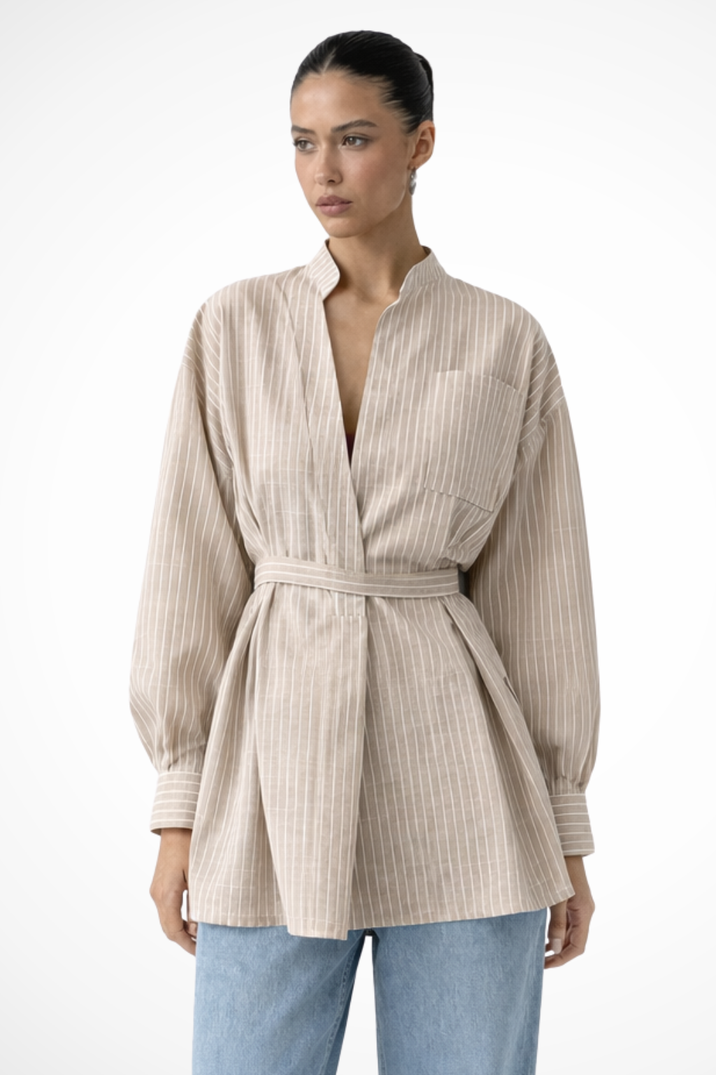 Striped Long Sleeve Shirt for Women with Stand Collar and Belted Design - Casual or Office Wear