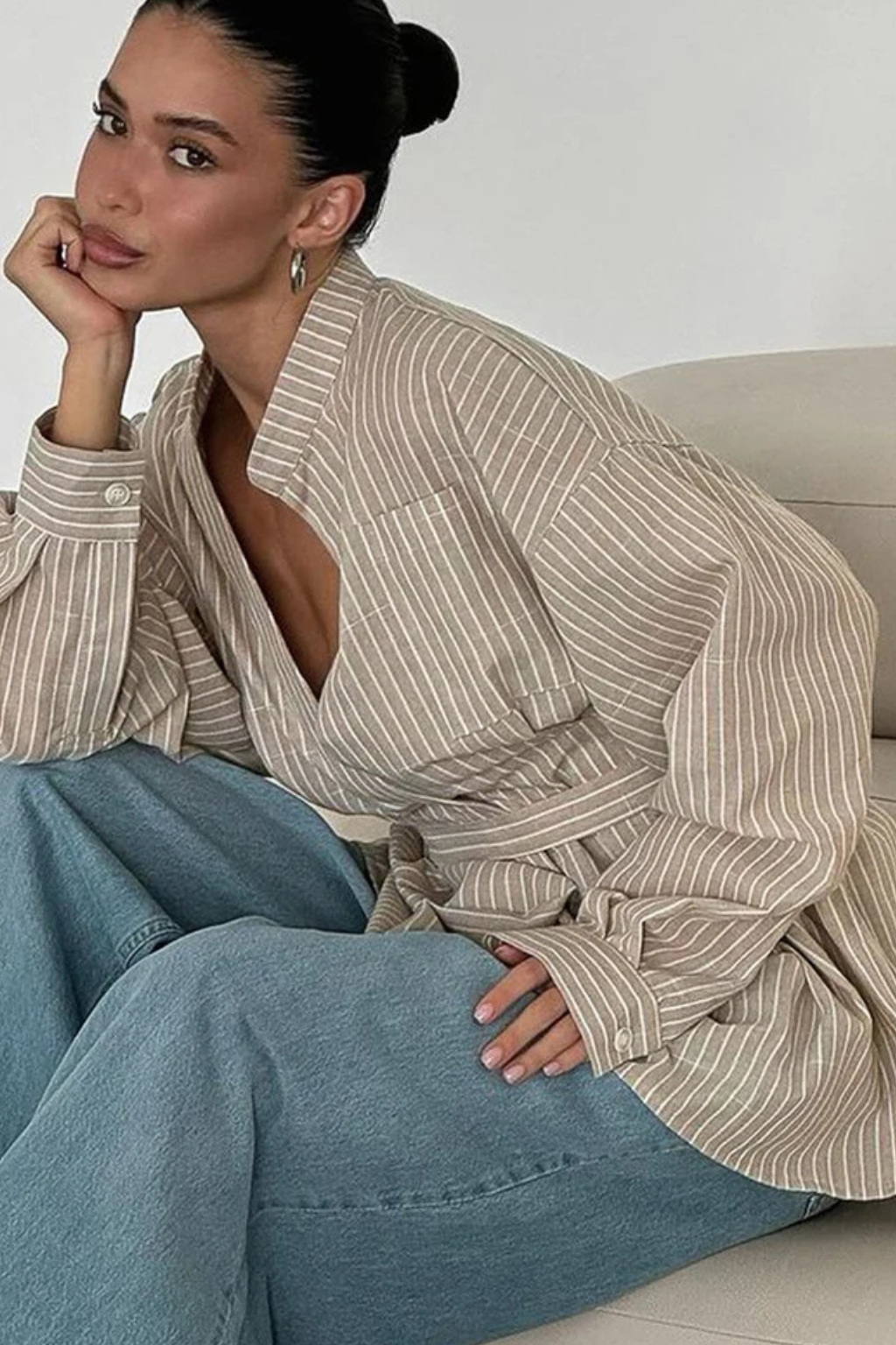 Striped Long Sleeve Shirt for Women with Stand Collar and Belted Design - Versatile Casual or Office Wear