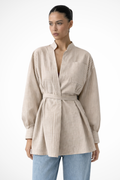 Striped Long Sleeve Shirt for Women with Stand Collar and Belted Design - Versatile Casual or Office Wear