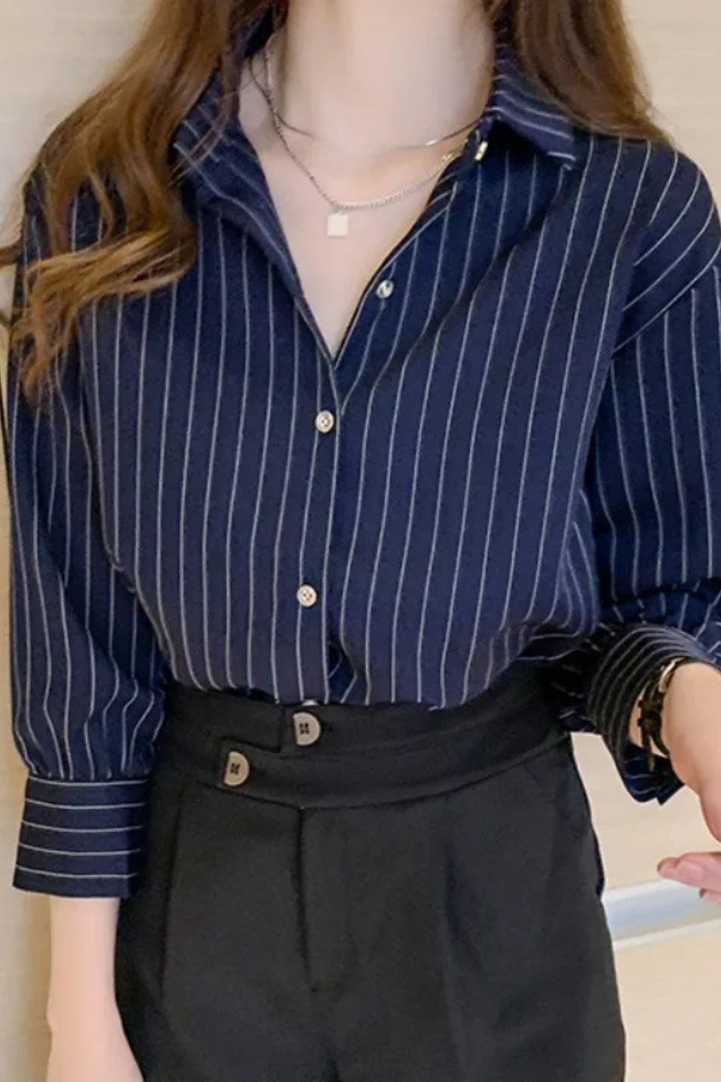 Striped Long Sleeve Women's Shirt with Turn Down Collar - Casual Wear, Lightweight Cotton Blend
