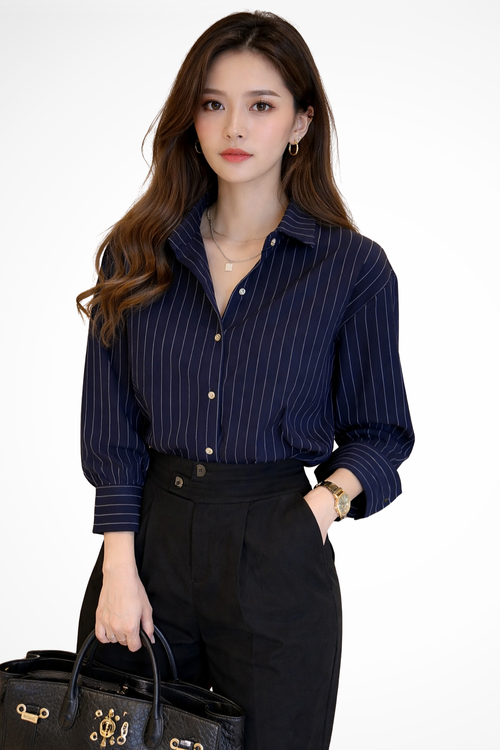 Striped Long Sleeve Women's Shirt with Turn Down Collar - Casual Wear, Lightweight Cotton Blend