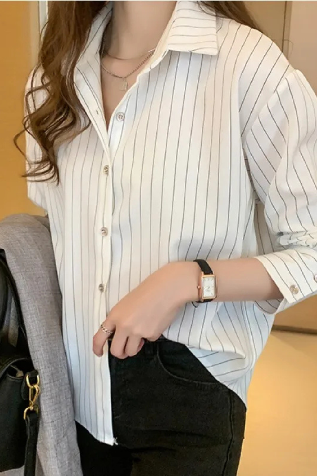 Striped Long Sleeve Women's Shirt with Turn Down Collar - Casual Wear, Lightweight Cotton Blend