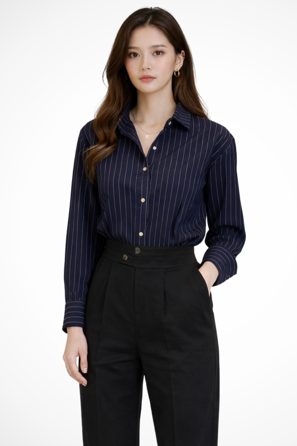 Striped Long Sleeve Women's Shirt with Turn Down Collar - Casual Wear, Lightweight Cotton Blend
