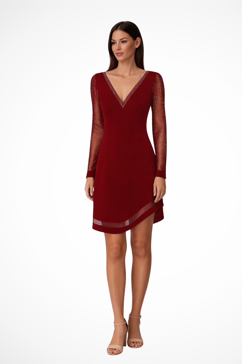 V Neck Midi Dress with Sheer Long Sleeves for Women | Elegant Wedding Guest Attire in Lightweight Fabric