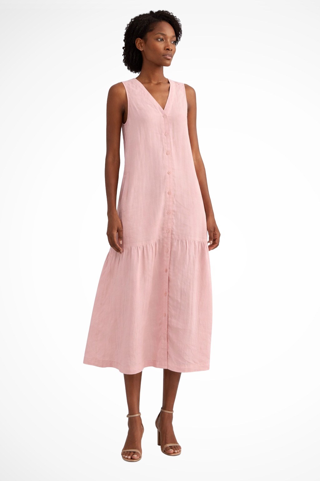 V Neck Sleeveless Button Front Linen Maxi Dress for Women - Casual Summer Wear