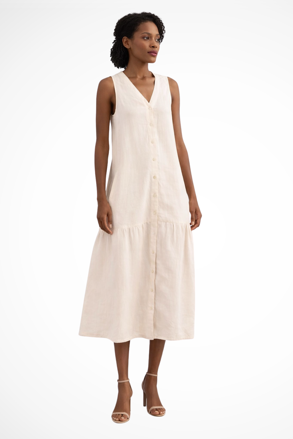 V Neck Sleeveless Button Front Linen Maxi Dress for Women - Casual Summer Wear
