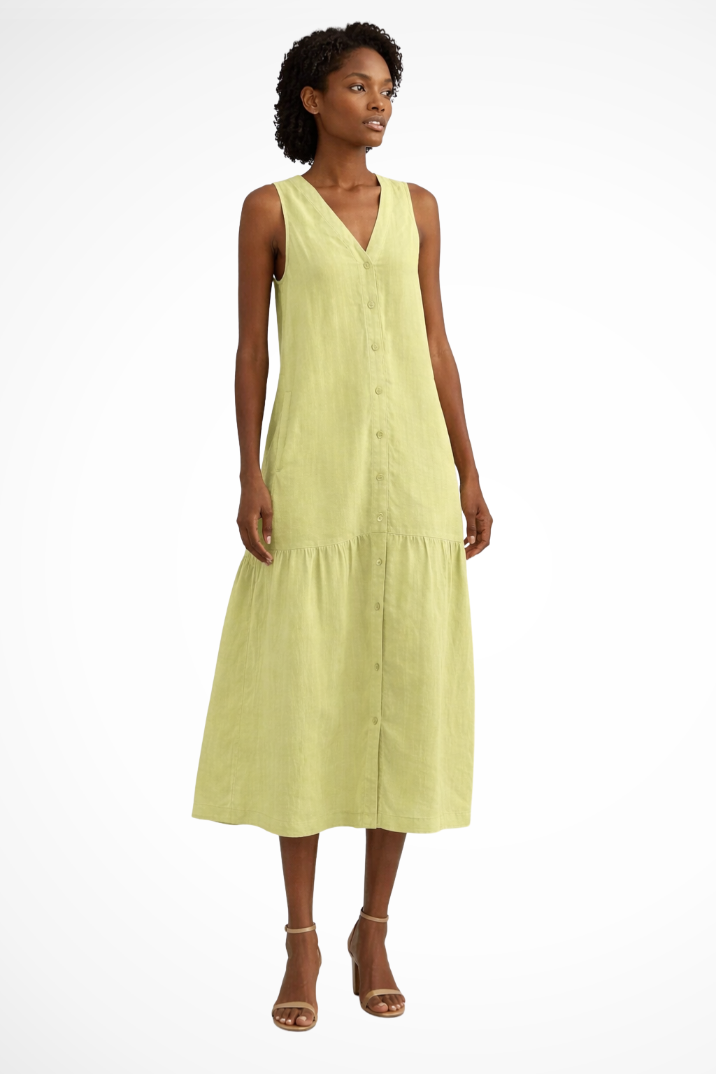 V Neck Sleeveless Button Front Linen Maxi Dress for Women - Casual Summer Wear