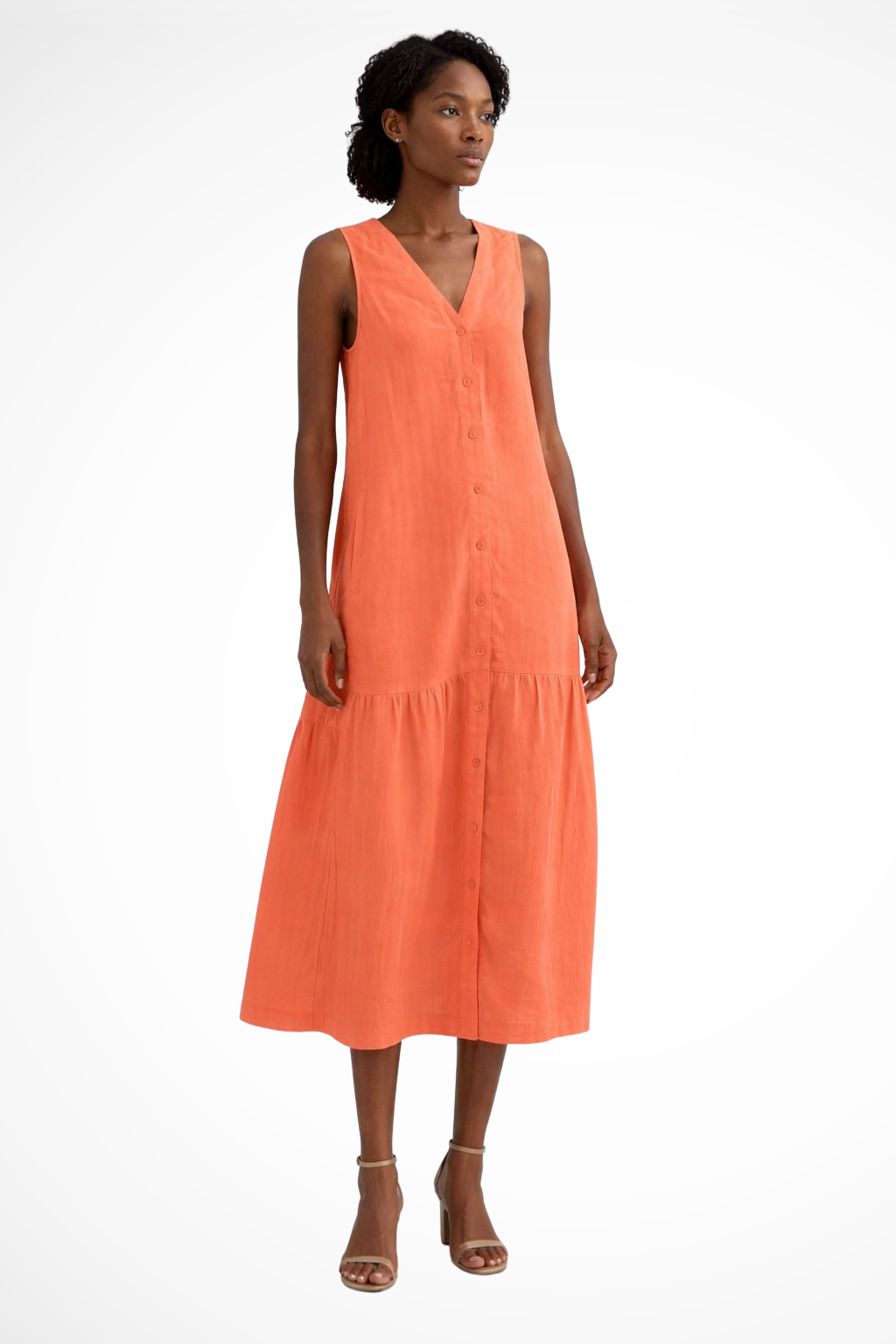 V Neck Sleeveless Button Front Linen Maxi Dress for Women - Casual Summer Wear