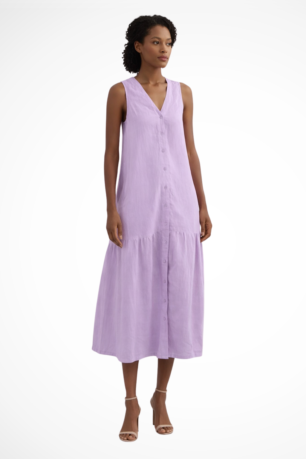 V Neck Sleeveless Button Front Linen Maxi Dress for Women - Casual Summer Wear