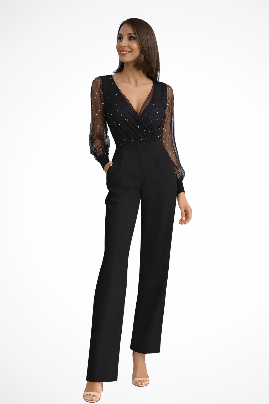 V Neck Wide Leg Jumpsuit with Sheer Sleeves for Women | Formal Wedding Guest Attire