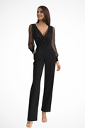 V Neck Wide Leg Jumpsuit with Sheer Sleeves for Women | Formal Wedding Guest Attire