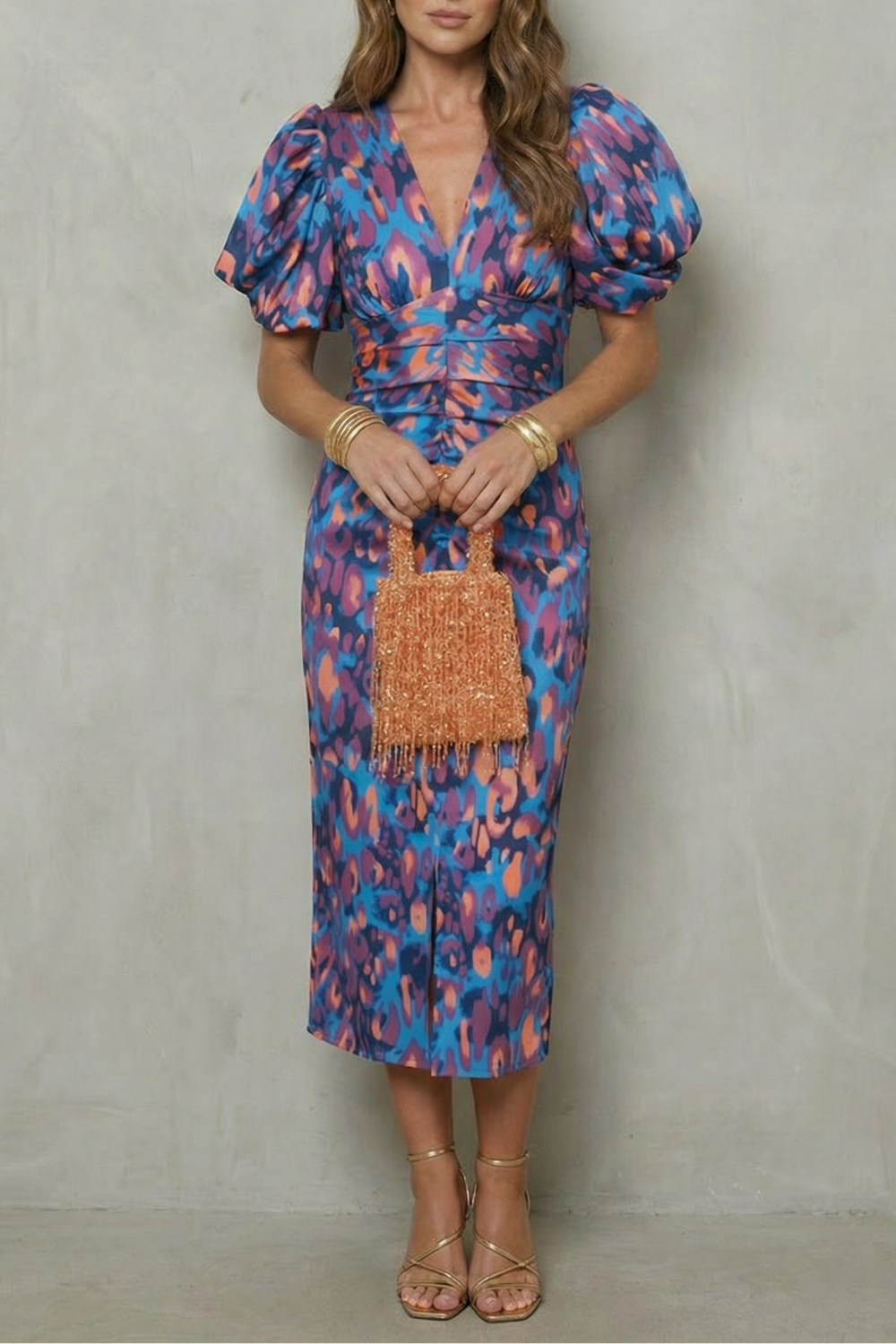 Abstract Puff Sleeve Midi Dress – Bold Statement Style for Events
