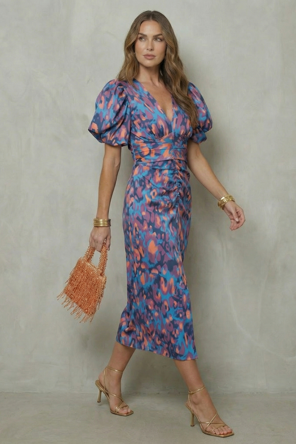 Abstract Puff Sleeve Midi Dress – Bold Statement Style for Events