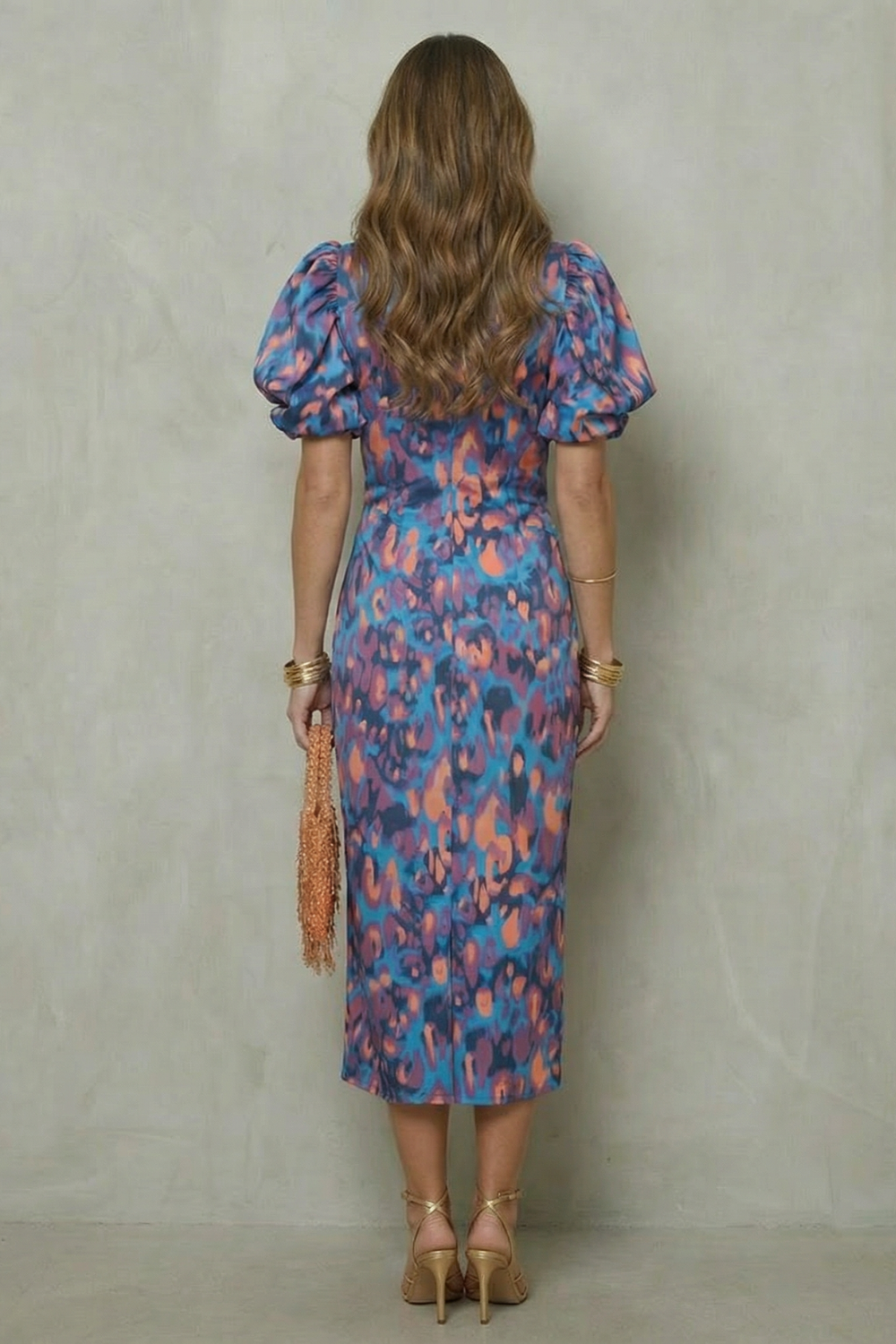 Abstract Puff Sleeve Midi Dress – Bold Statement Style for Events