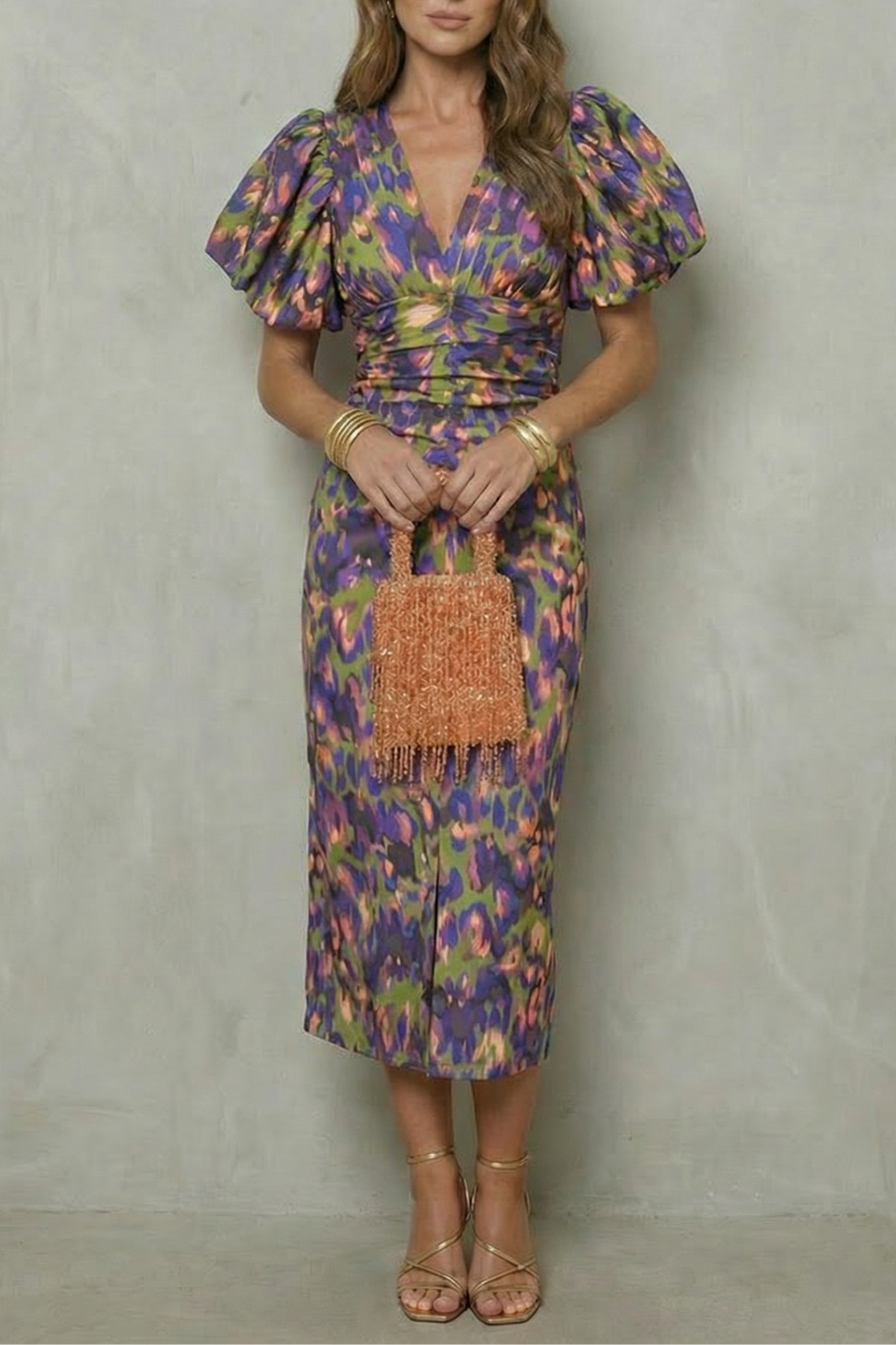 Abstract Puff Sleeve Midi Dress – Bold Statement Style for Events