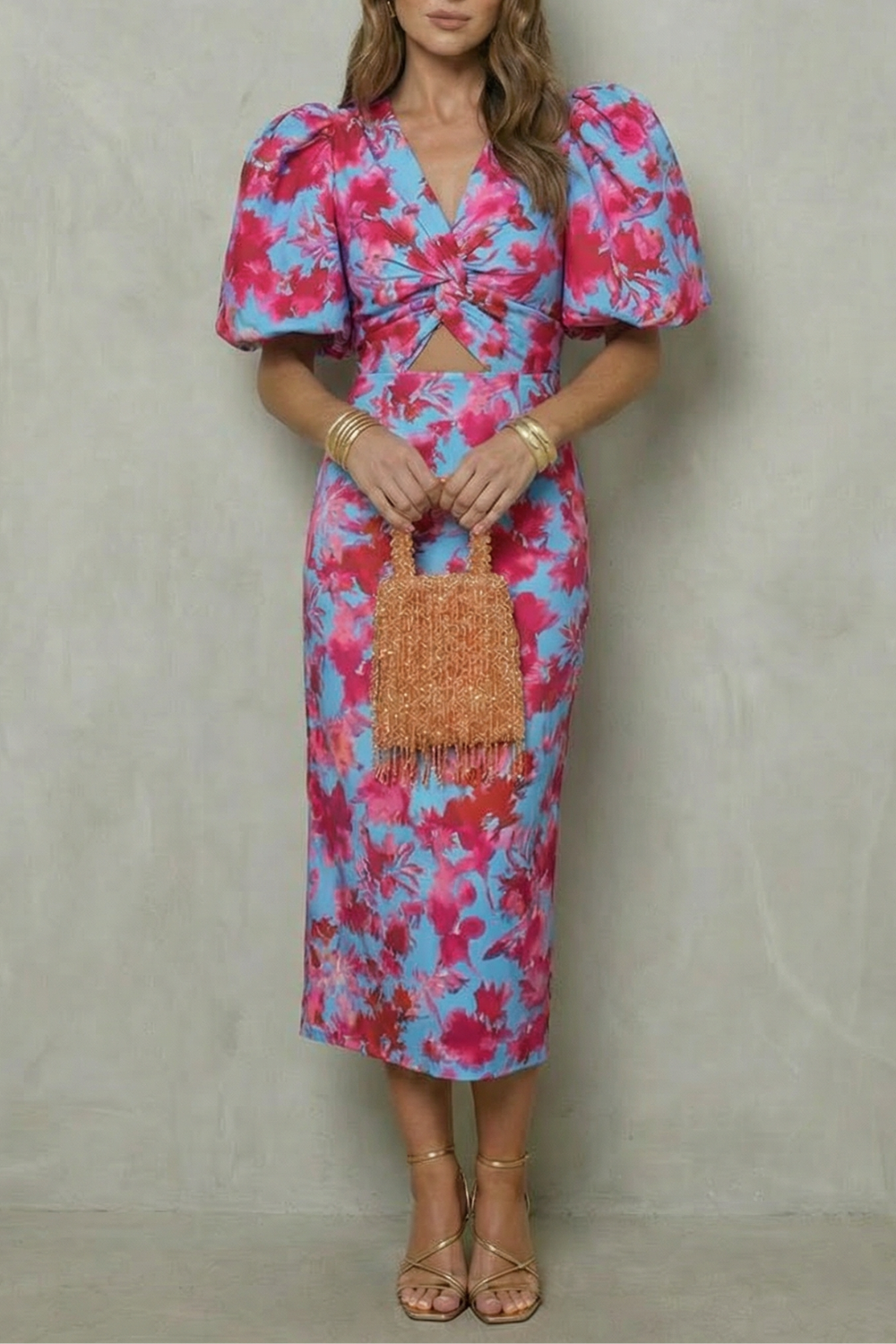 Abstract Puff Sleeve Midi Dress – Bold Statement Style for Events
