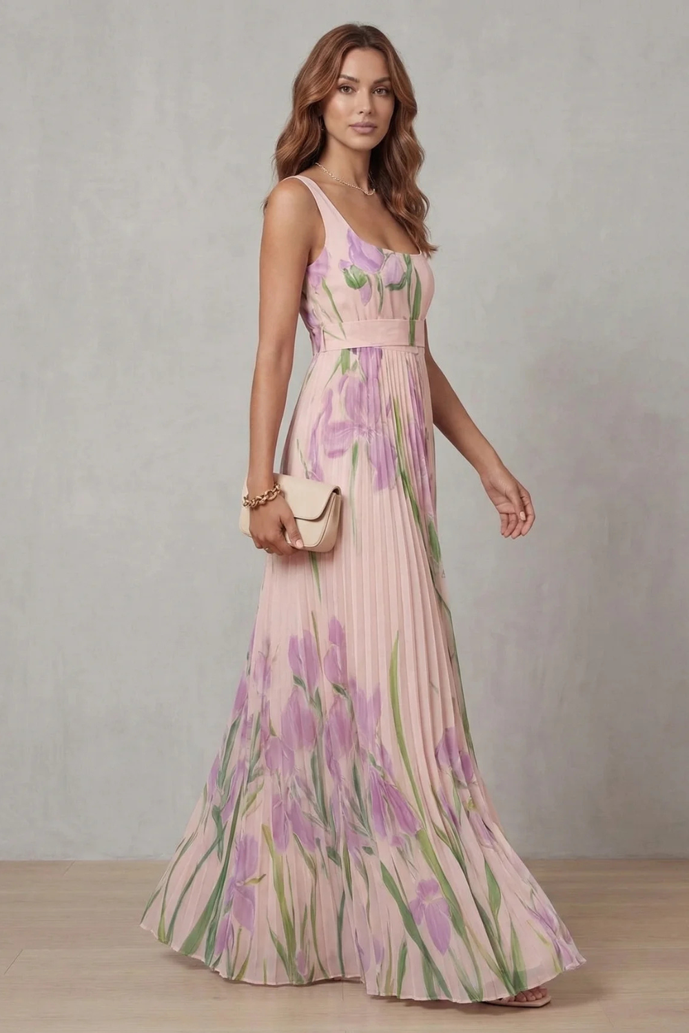 Watercolour Floral Pleated Maxi Dress - Elegant Summer Wear for Women