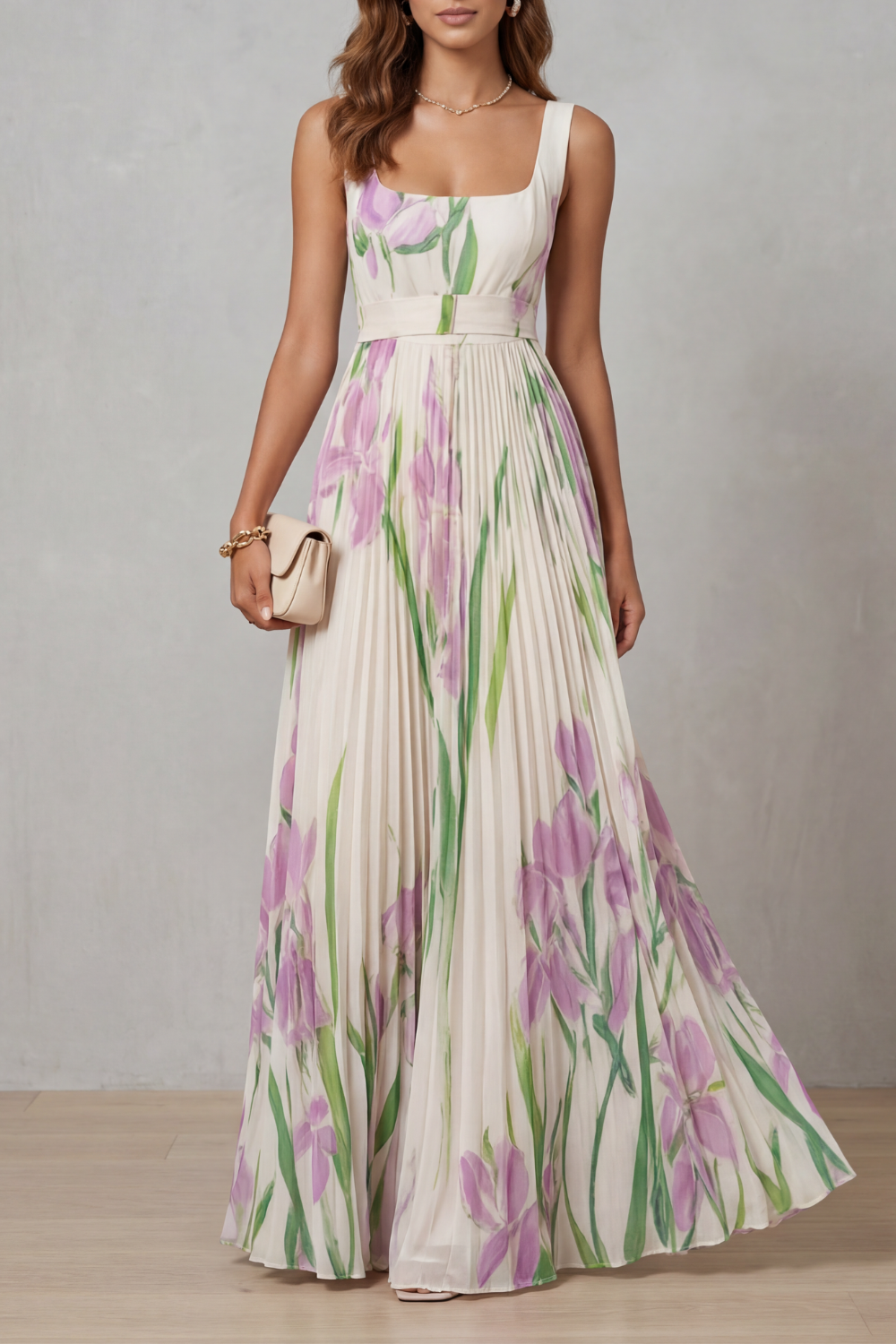Watercolour Floral Pleated Maxi Dress - Elegant Summer Wear for Women