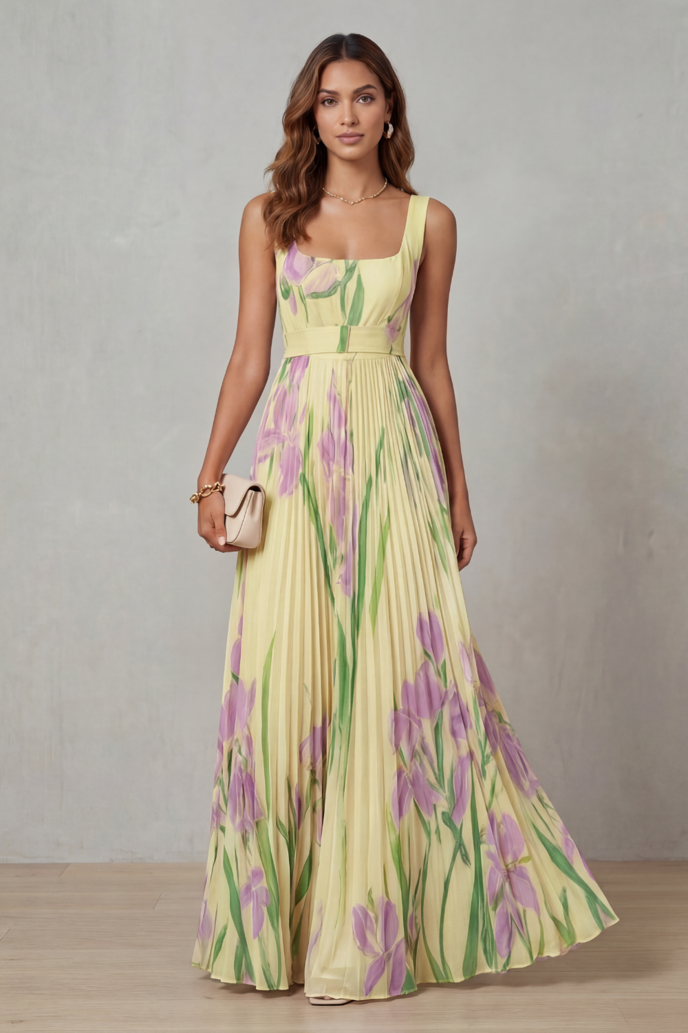 Watercolour Floral Pleated Maxi Dress - Elegant Summer Wear for Women