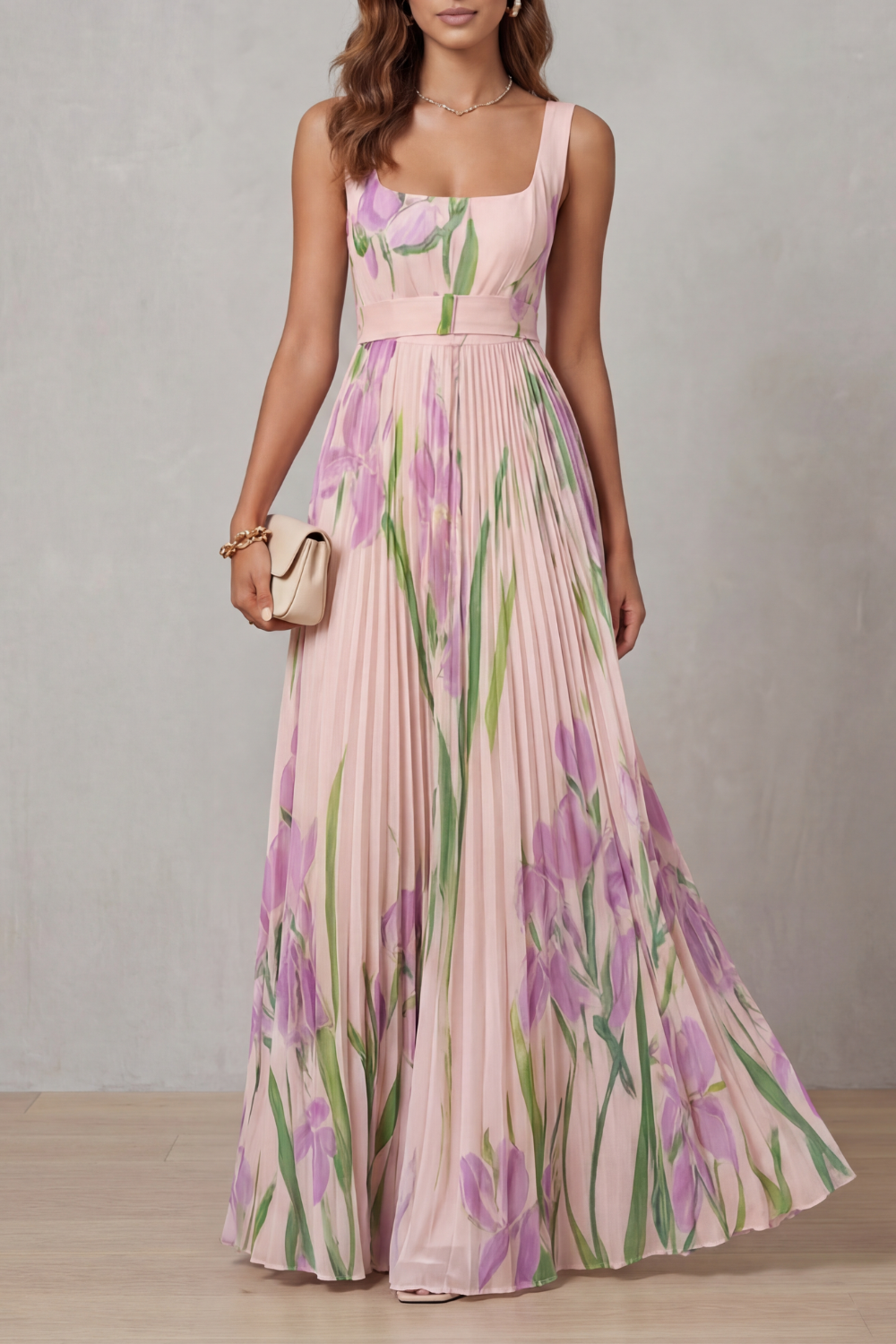 Watercolour Floral Pleated Maxi Dress - Elegant Summer Wear for Women