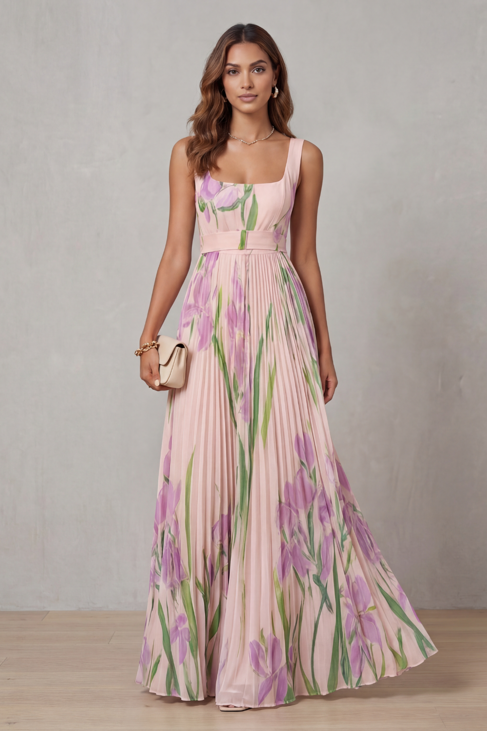 Watercolour Floral Pleated Maxi Dress - Elegant Summer Wear for Women