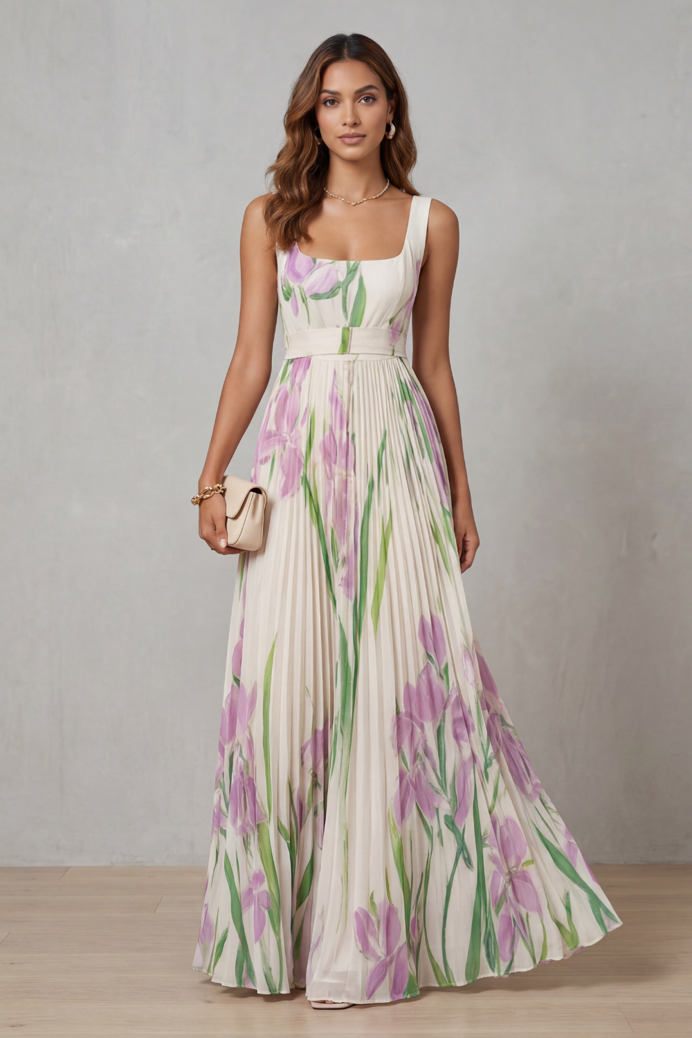 Watercolour Floral Pleated Maxi Dress - Elegant Summer Wear for Women