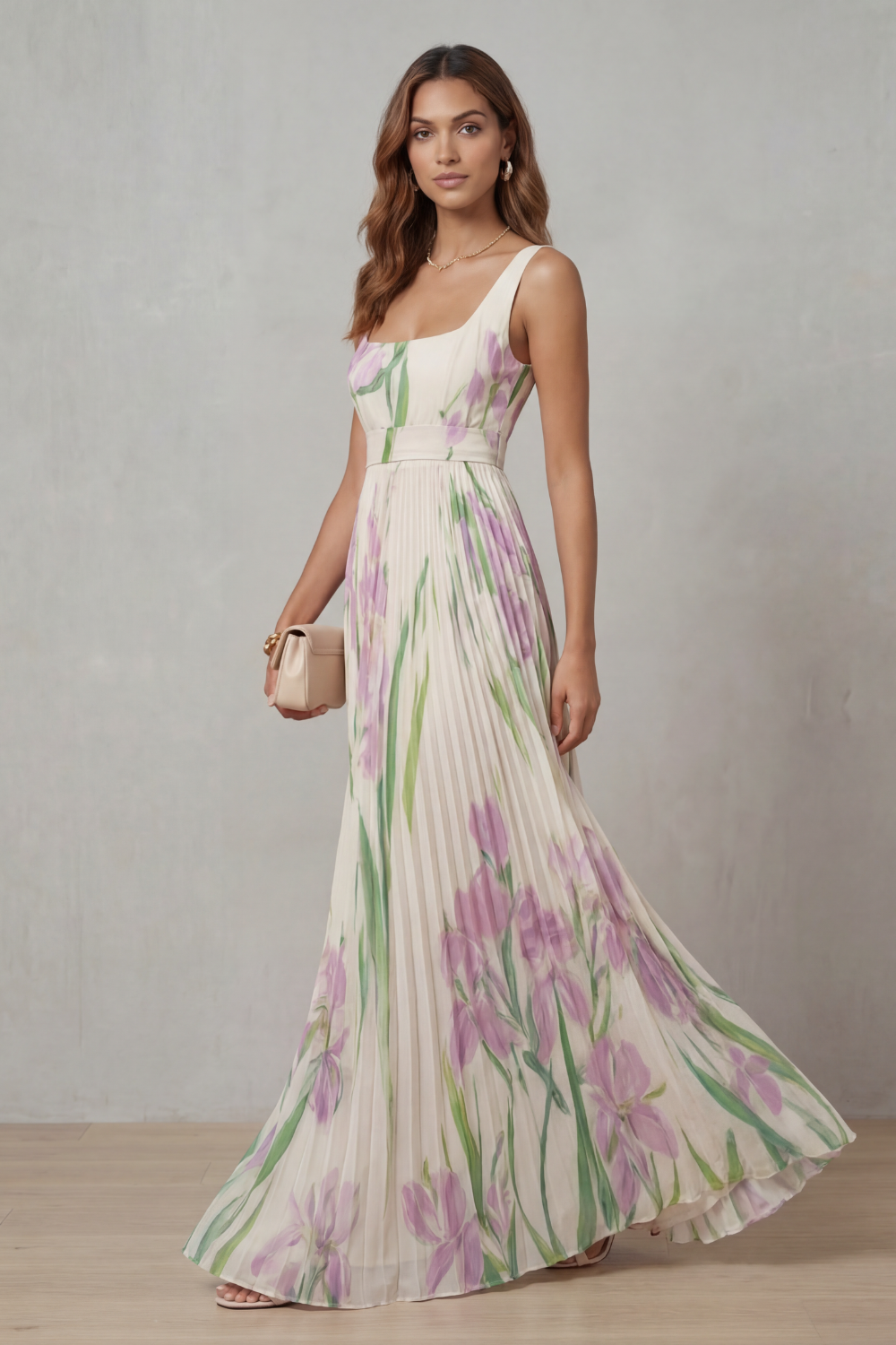 Watercolour Floral Pleated Maxi Dress - Elegant Summer Wear for Women