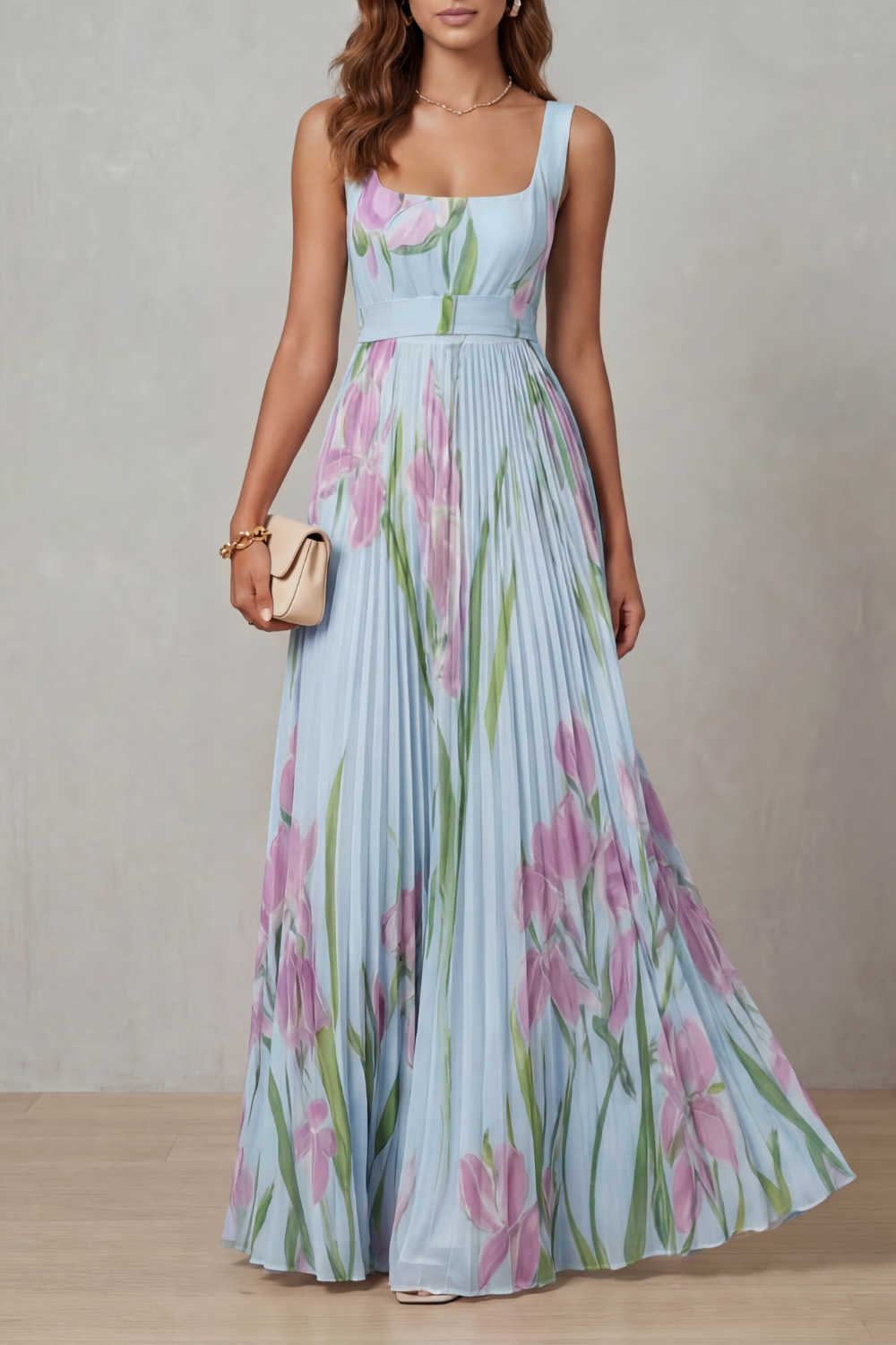 Watercolour Floral Pleated Maxi Dress - Elegant Summer Wear for Women