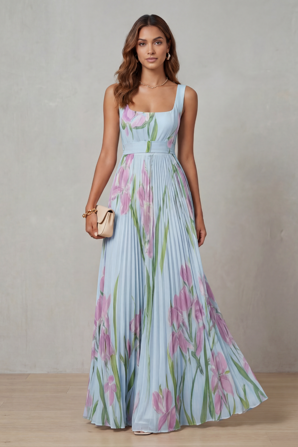 Watercolour Floral Pleated Maxi Dress - Elegant Summer Wear for Women