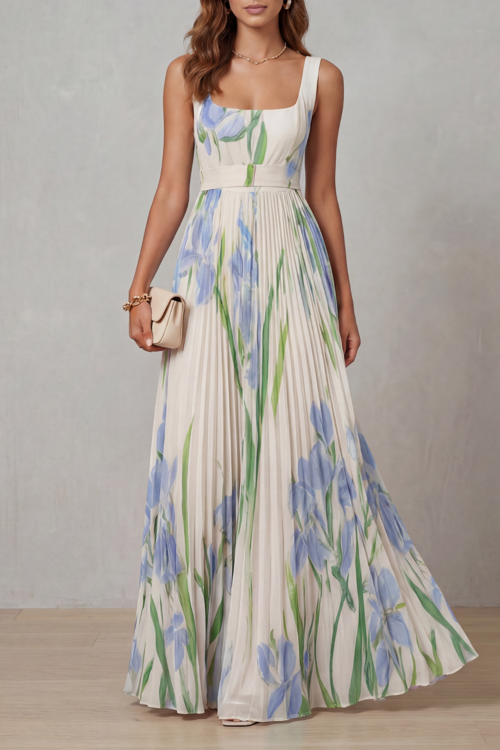 Watercolour Floral Pleated Maxi Dress - Elegant Summer Wear for Women