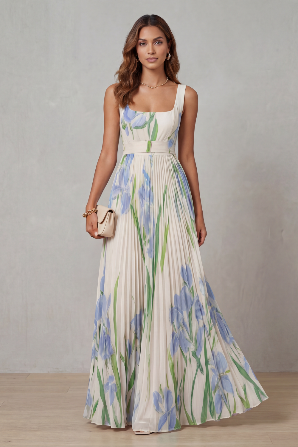 Watercolour Floral Pleated Maxi Dress - Elegant Summer Wear for Women