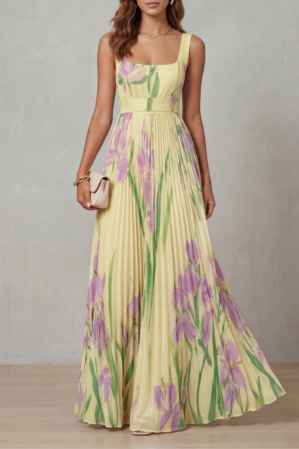 Watercolour Floral Pleated Maxi Dress - Elegant Summer Wear for Women