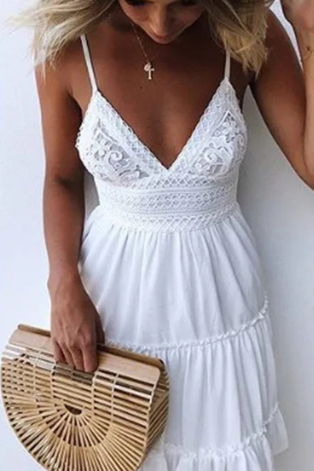 White Lace Midi Dress for Women with Spaghetti Straps and Open Back - Summer Casual Wear