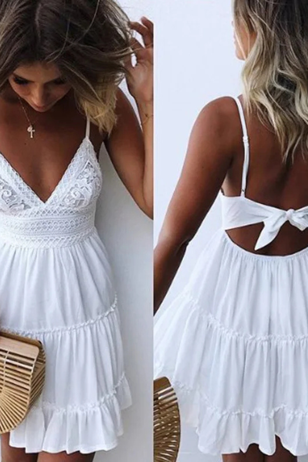 White Lace Midi Dress for Women with Spaghetti Straps and Open Back - Summer Casual Wear