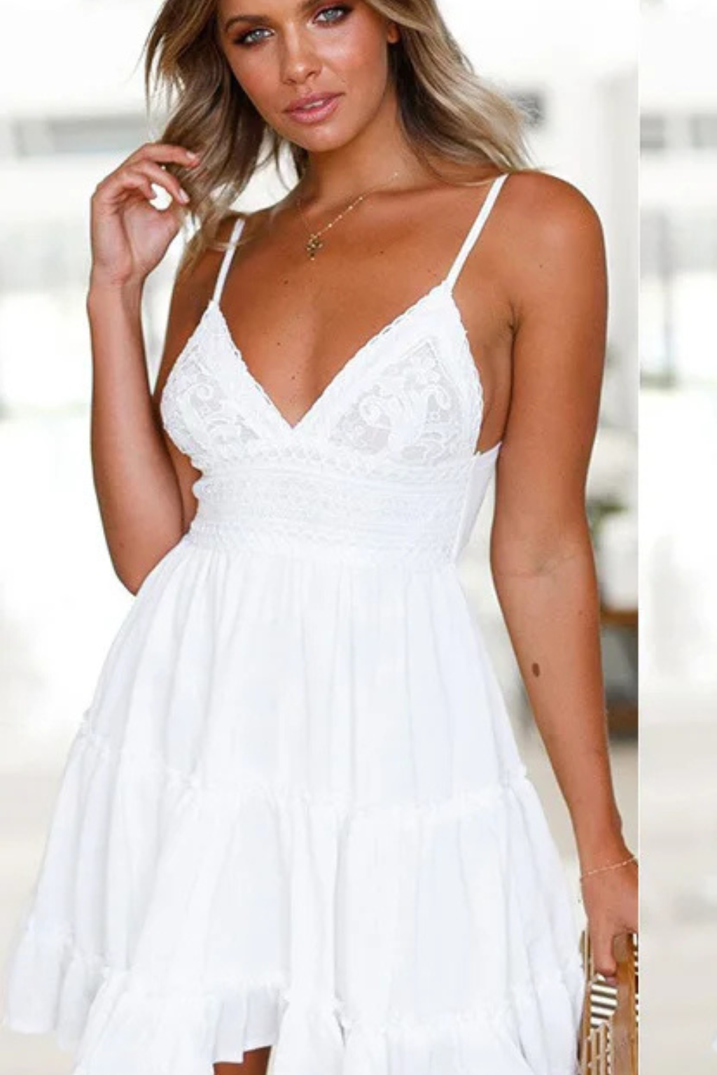 White Lace Midi Dress for Women with Spaghetti Straps and Open Back - Summer Casual Wear