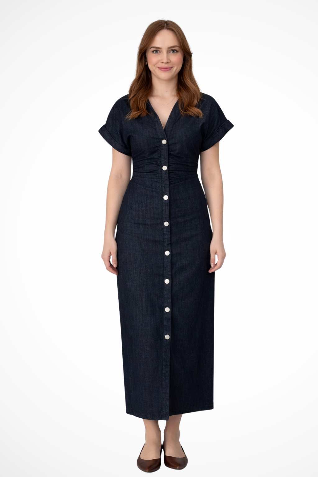 Women's Denim Maxi Dress with Button Front and Lapel Collar for Casual Wear