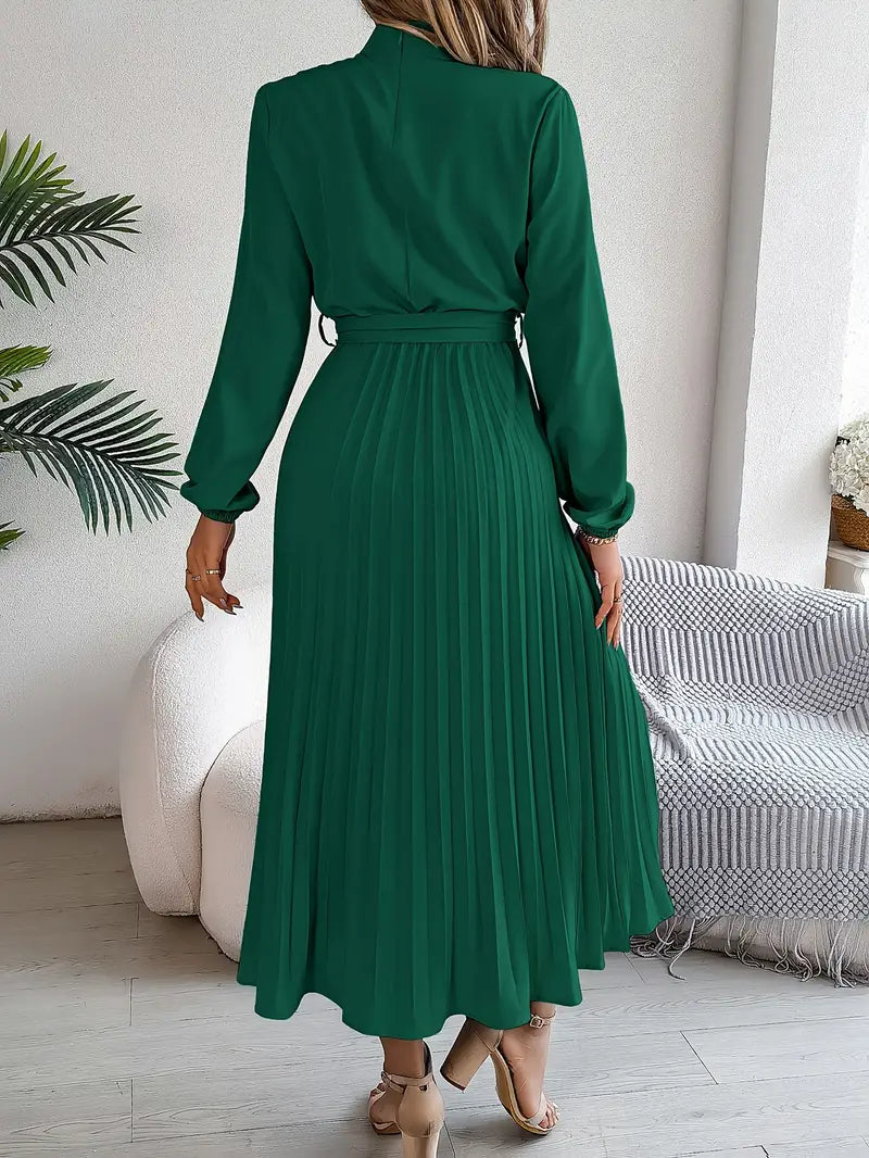Women's Pleated Midi Dress with Belt | Long Sleeve, Elegant Design for Casual or Formal Events