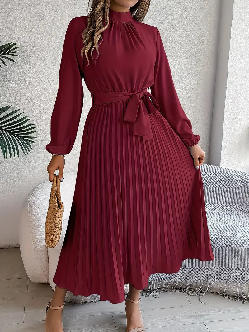 Women's Pleated Midi Dress with Belt | Long Sleeve, Elegant Design for Casual or Formal Events