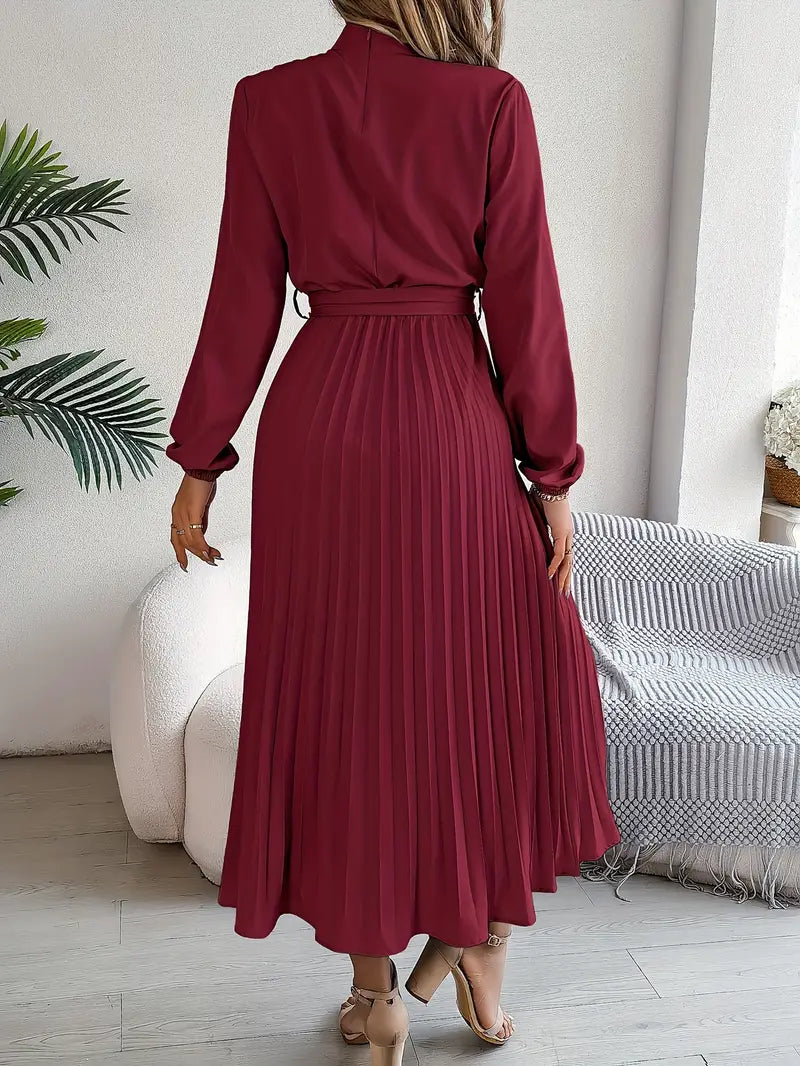 Women's Pleated Midi Dress with Belt | Long Sleeve, Elegant Design for Casual or Formal Events