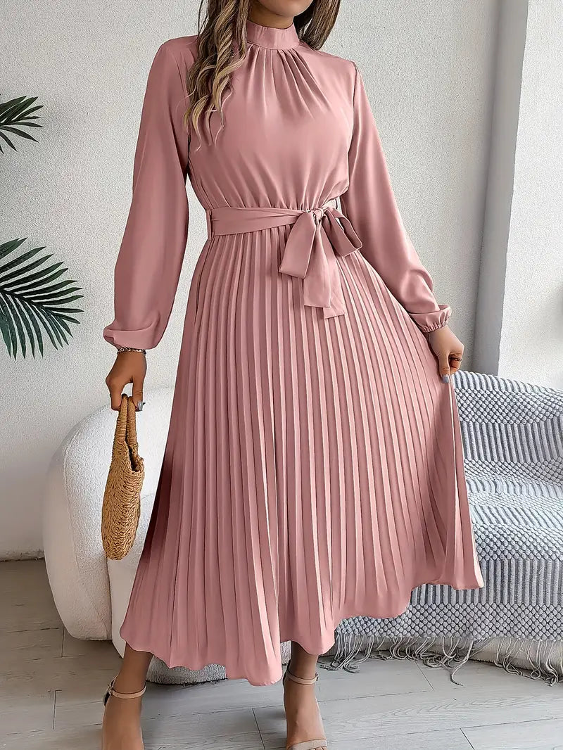 Women's Pleated Midi Dress with Belt | Long Sleeve, Elegant Design for Casual or Formal Events