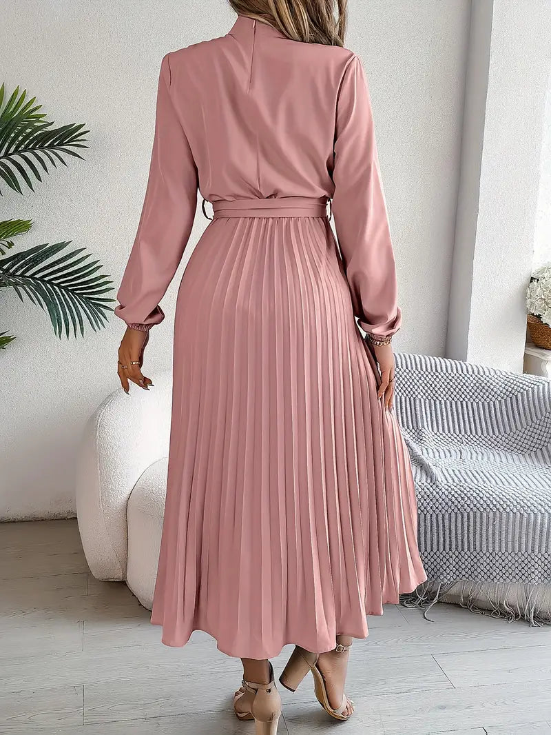 Women's Pleated Midi Dress with Belt | Long Sleeve, Elegant Design for Casual or Formal Events