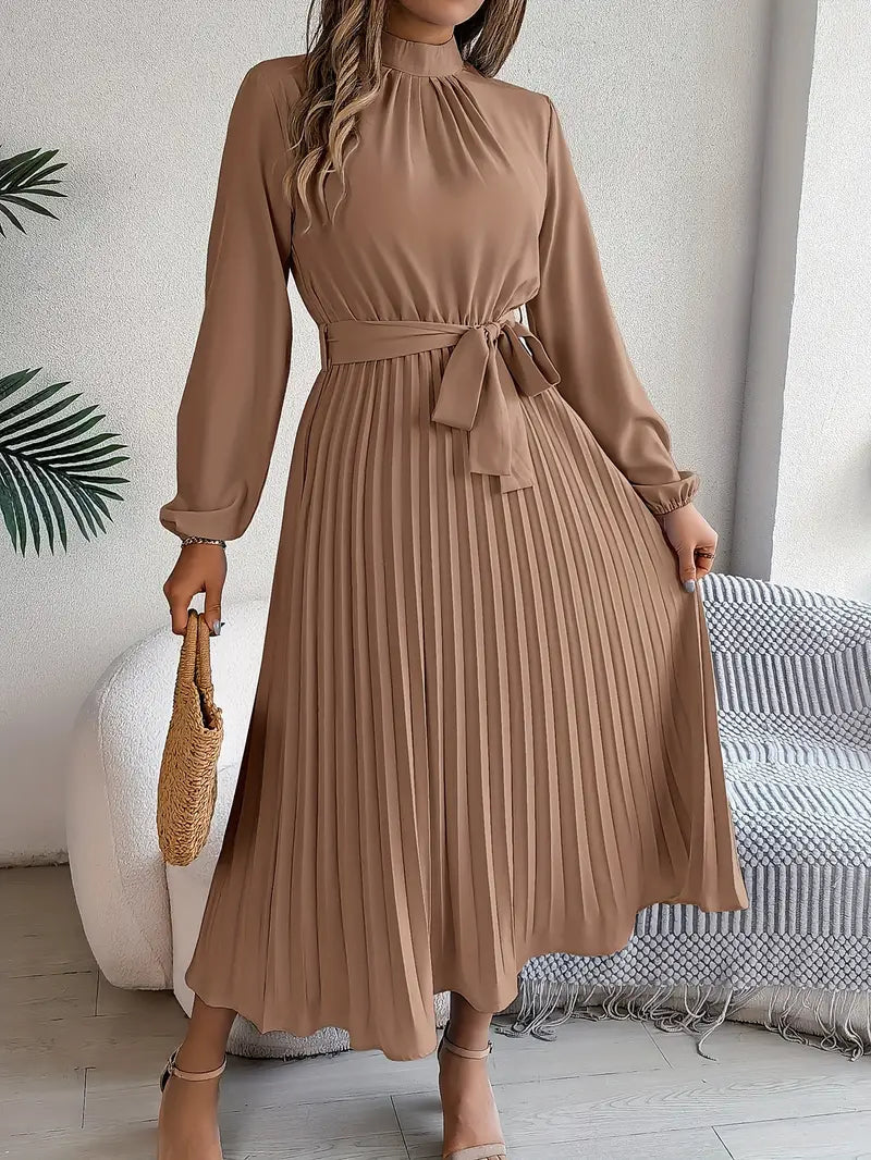 Women's Pleated Midi Dress with Belt | Long Sleeve, Elegant Design for Casual or Formal Events