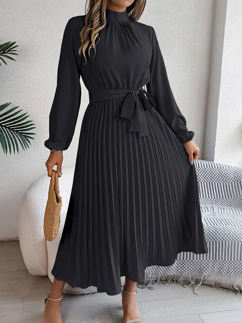 Women's Pleated Midi Dress with Belt | Long Sleeve, Elegant Design for Casual or Formal Events