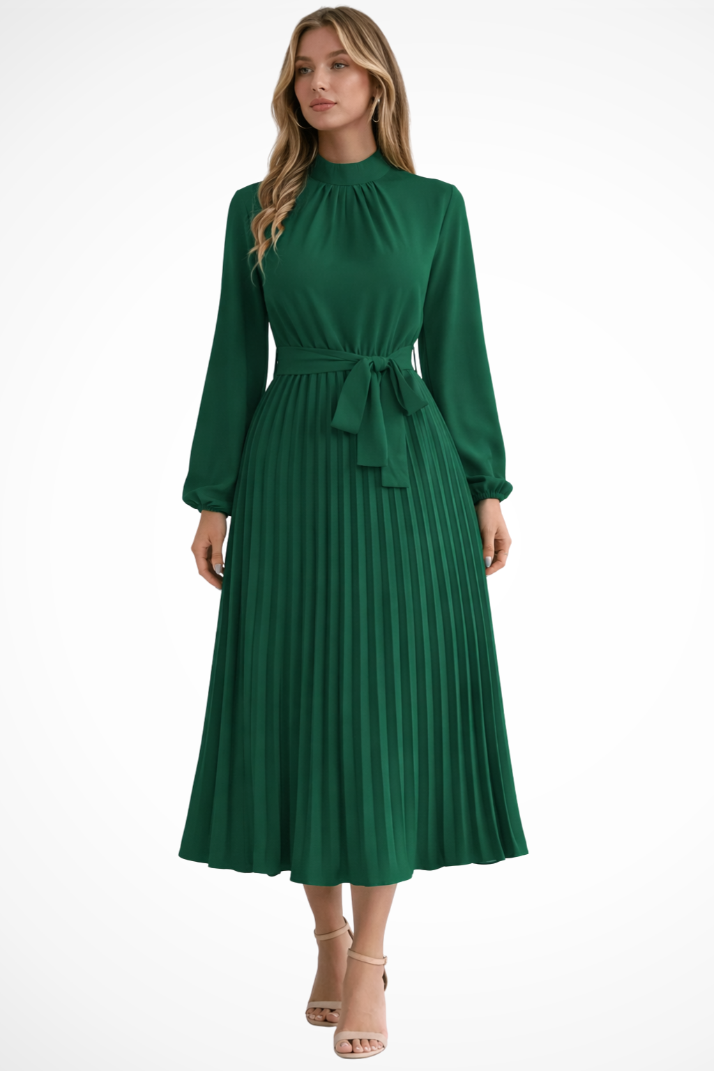 Women's Pleated Midi Dress with Belt | Long Sleeve, Elegant Design for Casual or Formal Events