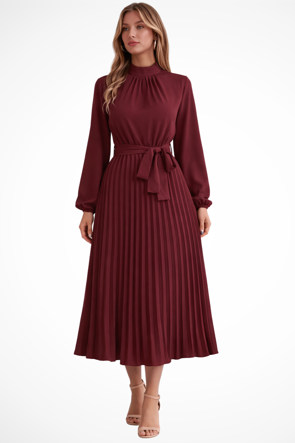 Women's Pleated Midi Dress with Belt | Long Sleeve, Elegant Design for Casual or Formal Events