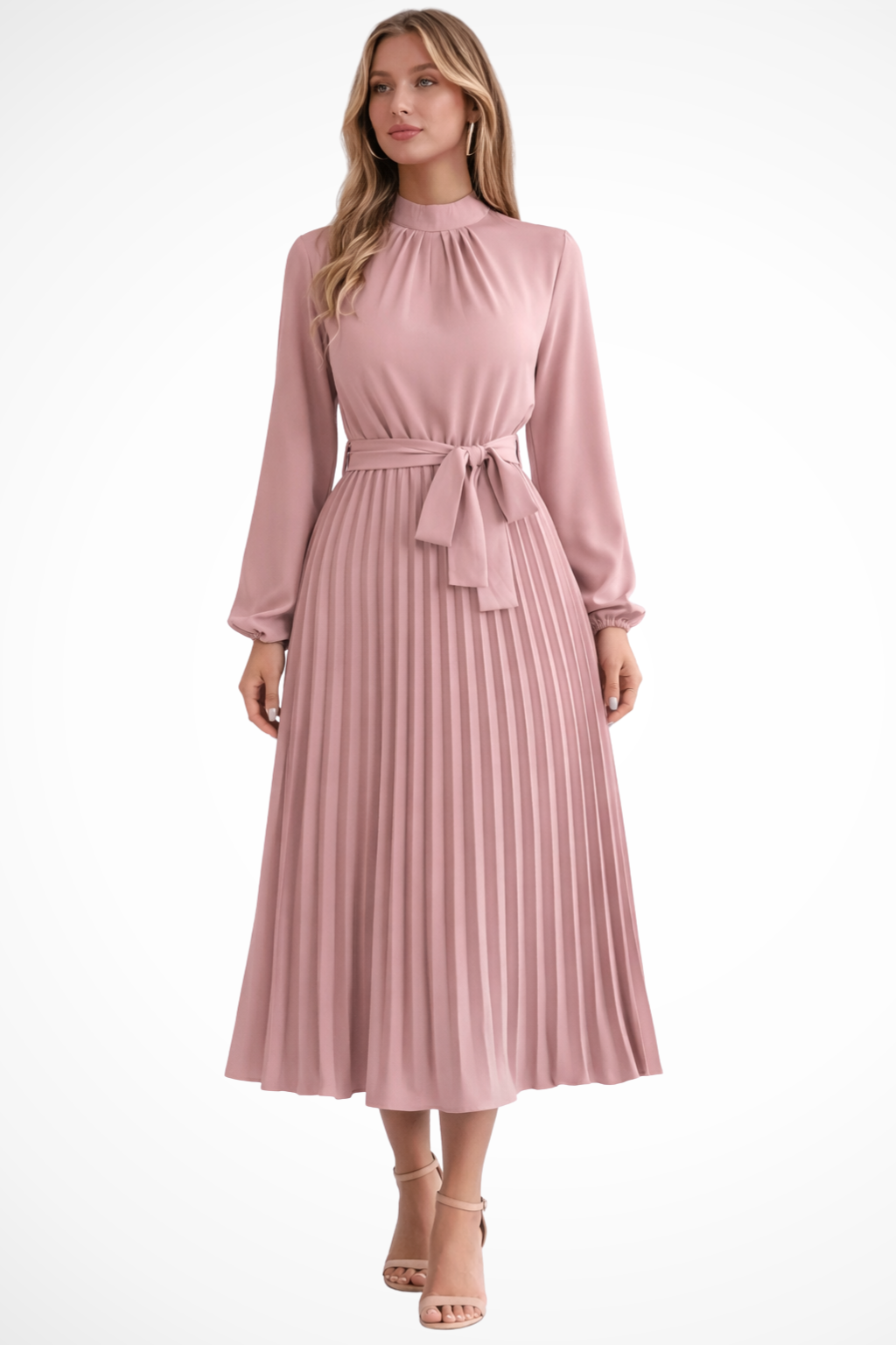 Women's Pleated Midi Dress with Belt | Long Sleeve, Elegant Design for Casual or Formal Events