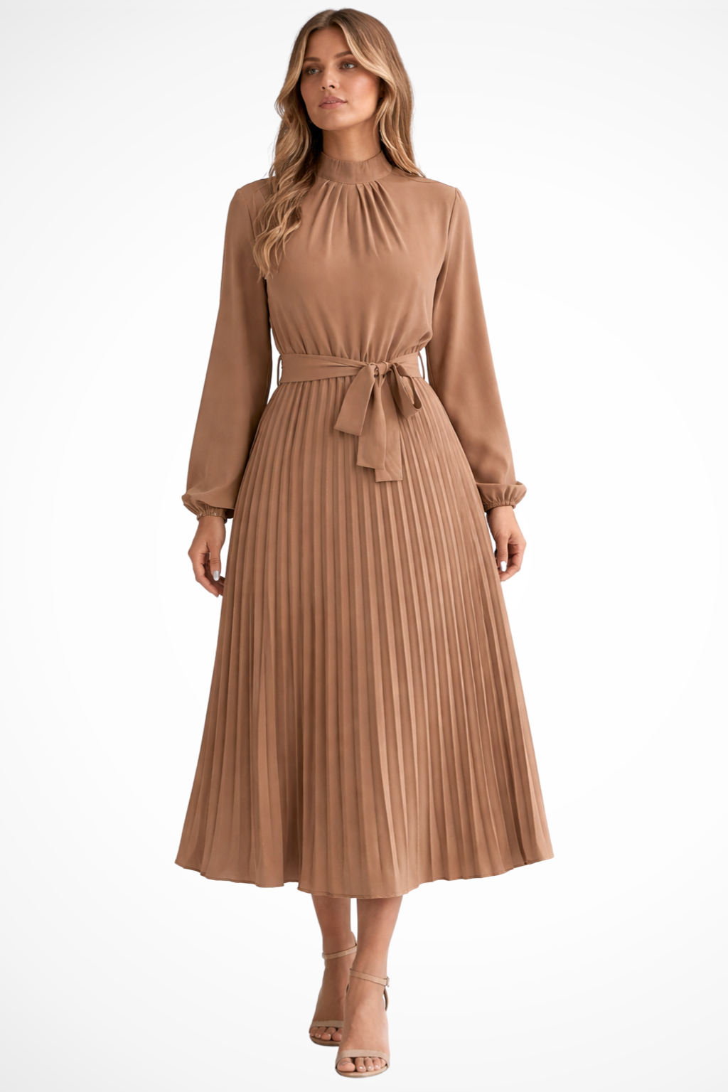Women's Pleated Midi Dress with Belt | Long Sleeve, Elegant Design for Casual or Formal Events