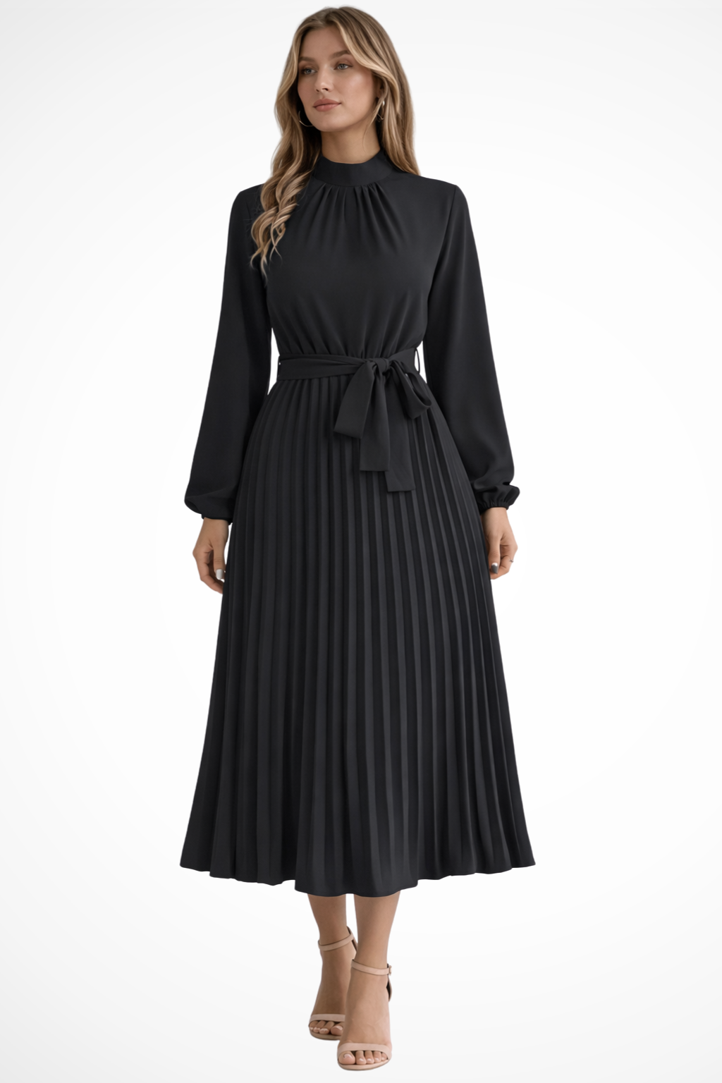 Women's Pleated Midi Dress with Belt | Long Sleeve, Elegant Design for Casual or Formal Events